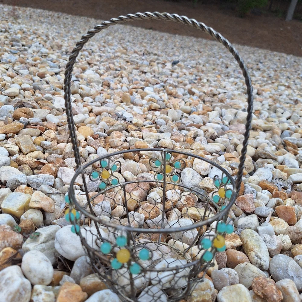 Beaded Easter Basket Silver Metal Woven Steel Aluminum Container w Handle Silver